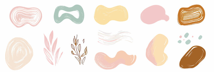 Pastel abstract organic shapes and hand drawn botanical line elements minimalist vector illustration set for natural design backgrounds and decorative graphics