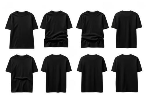 Collection of eight plain black t-shirts displayed from multiple angles transparent background