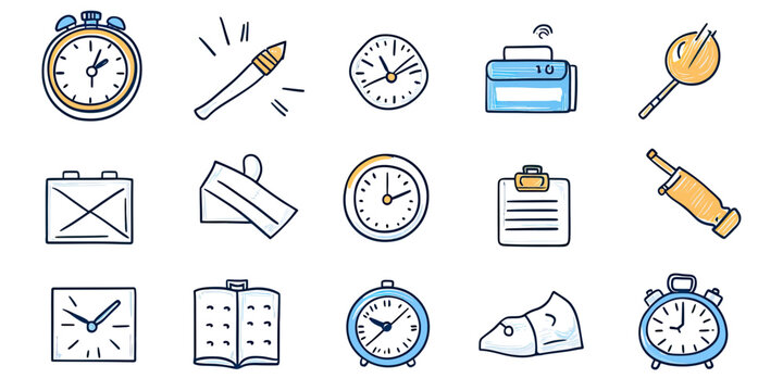 Hand drawn doodle clocks stopwatch calendar organizer planner timer and writing pen icons for time management and project deadline concept vector illustration