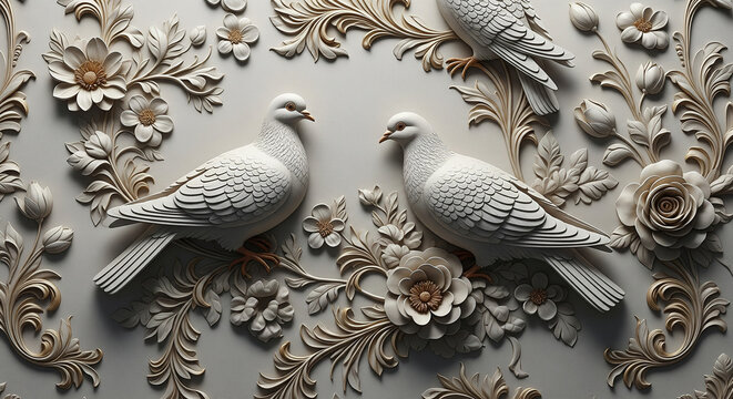 Ornate Floral Relief with Doves 3D Wallpaper, 3D Relief Mural, 3D Floral Wallpaper, 3D Wall Mural, 3D Floral Background, 3D Wall Mural, 3D Floral Art.