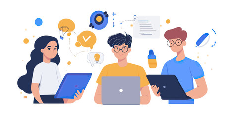 Business team collaboration working together with laptop and tablet technology devices in modern office flat vector concept