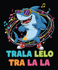 Happy cartoon shark singing and dancing with colorful lights