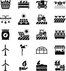 A collection of black and white icons representing various aspects of agriculture, farming, renewable energy, and modern farm technology.