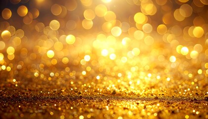 Blurred golden glitter bokeh on a dark background creates a magical, festive, and elegant abstract design