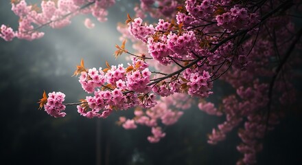 Dramatic Cherry Blossoms in Full Bloom A Symphony of Pink Against a Dark Mystical Backdrop a Captivating Dance of Nature's Beauty