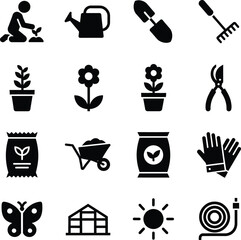 Collection of gardening and nature-related silhouette icons including tools, plants, and outdoor elements.