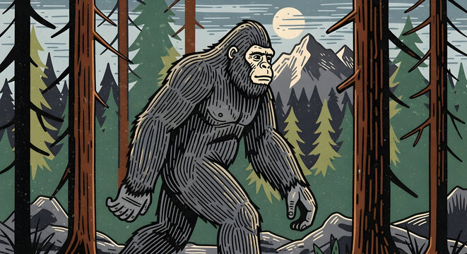 Creature Walking Through Forest with Mountains and Moon