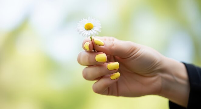 Caucasian hand with yellow nails holding daisy in outdoor setting