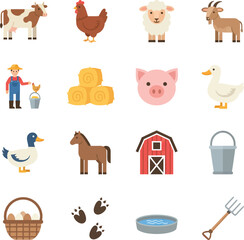 A collection of flat design farm icons including animals, farmer, barn, and tools.