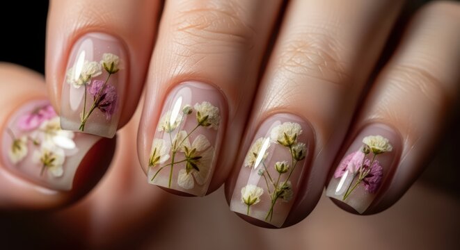 Elegant floral nail art with dried flowers on manicured female asian hands - Powered by Adobe
