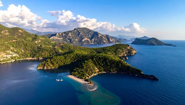 Coastal aerial view with lush green islands meeting blue ocean under a partly cloudy sky on a sunny day