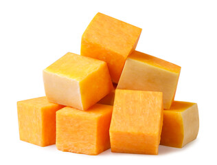Pile of pumpkin pieces close-up on a white background. Isolated