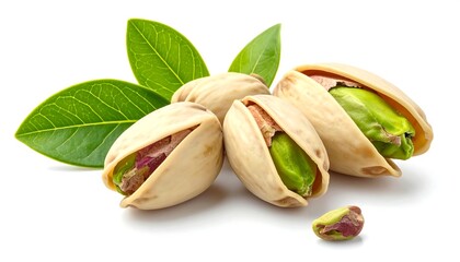 Cluster of pistachios with vibrant green leaves, a few cracked open, lying on a white surface