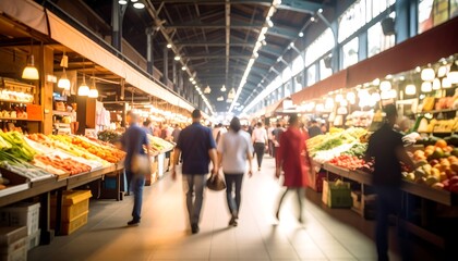 Blurred market scene with fresh produce stalls, people walking through in a bright, airy indoor setting