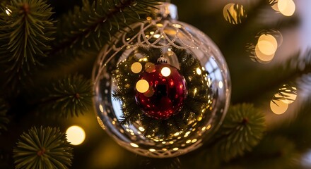 Festive Christmas Tree Ornament with Warm Bokeh Lights.