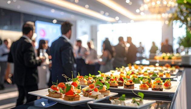 Blurred scene of people mingling with appetizers at a bright, fancy gathering - Powered by Adobe