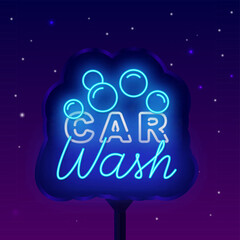 Car wash neon street billboard with lettering. Typography with bubbles. Auto clean service. Vector stock illustration