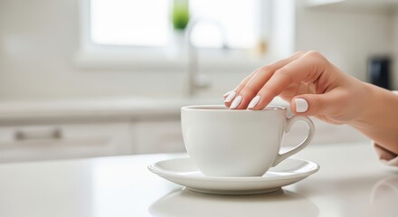 Fototapeta premium Close-up of female hand with manicured nails holding white coffee cup in bright kitchen
