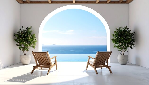 Bright view with chairs on a patio overlooking the sea through an arch, flanked by potted trees