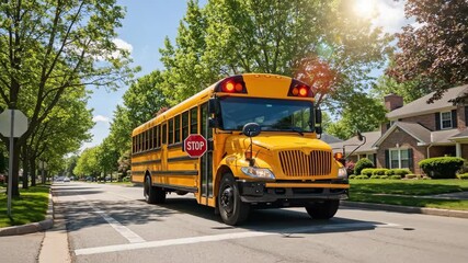 Bright yellow school bus driving through a sunny suburban neighborhood street - Powered by Adobe