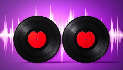 Two vinyl records with heart-shaped labels. Background features a purple gradient and a stylized waveform graphic