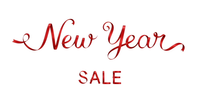 Sparkling red ribbon text new year sale announcement isolated on transparent background