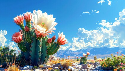 Cactus with large white & peach blossoms. Arid landscape, rocks, distant mountains, blue sky and scattered clouds