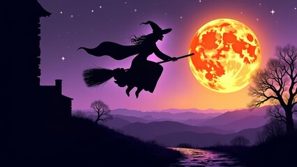 Witch silhouette flying on broom against full moon