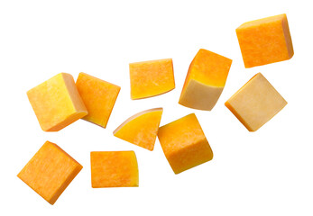 Pumpkin pieces flying close-up on a white. Isolated