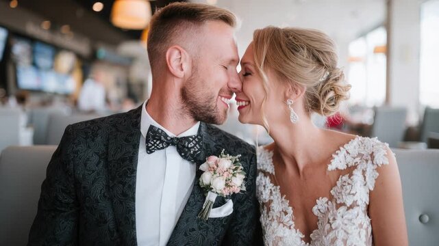Bride and groom kissing at reception, lace wedding dress and patterned bow tie, soft bokeh lights, closeup romantic portrait capturing joyful intimate moment