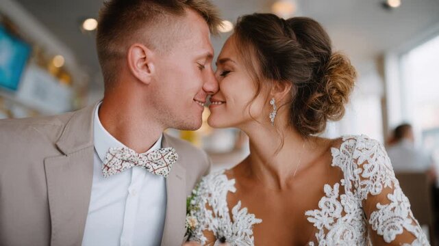 Bride and groom kissing at reception, lace wedding dress and patterned bow tie, soft bokeh lights, closeup romantic portrait capturing joyful intimate moment