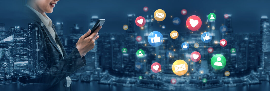 Concept of digital marketing and online communication. A network of user engagement is shown through social media feedback notifications which helps build a strong community. Fermion