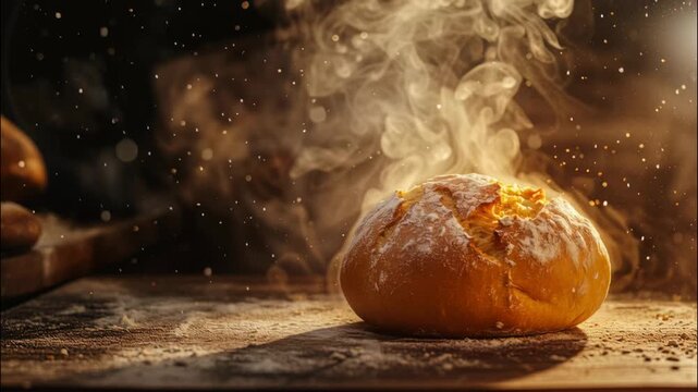 Freshly baked bread with steam rising against a dark background in the bakery creates an atmosphere of delicious breakfast and anticipation