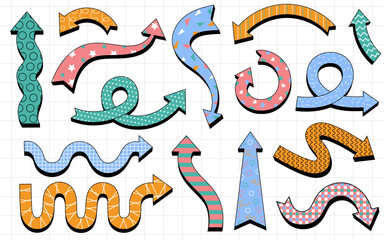 Various colorful playful arrow pointers set. Playful arrows with abstract patterns in retro design.