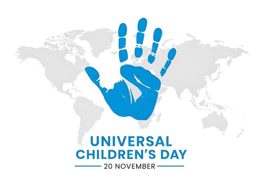 Universal childrens day handprint on world map - Powered by Adobe