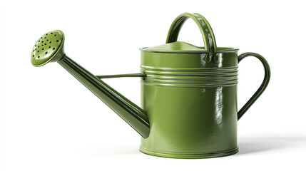 A simple green watering can with a long spout isolated on a plain white background