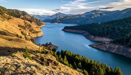 Calm blue lake surrounded by mountains with dry grass in foreground under a cloudy blue sky