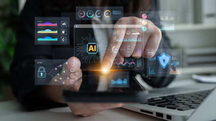 An Artificial Intelligence platform for business intelligence. The dashboard shows advanced data analytics, predictive modeling, and security monitoring through various visualizations. Fermion
