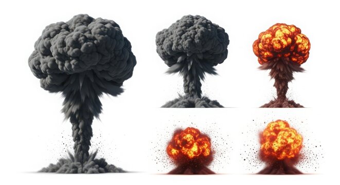Collection of mushroom cloud explosions, nuclear bomb detonation, and fiery blast effects