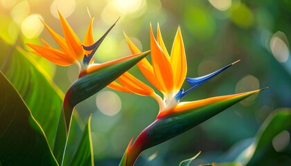 Obraz premium Two vibrant, exotic blooms in a lush setting. Bright orange and blue petals contrast the green foliage, with bokeh background. Golden sunlight enhances the scene