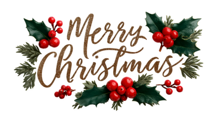 Classic Merry Christmas PNG with holly leaves, berries, and golden typography isolated on white background