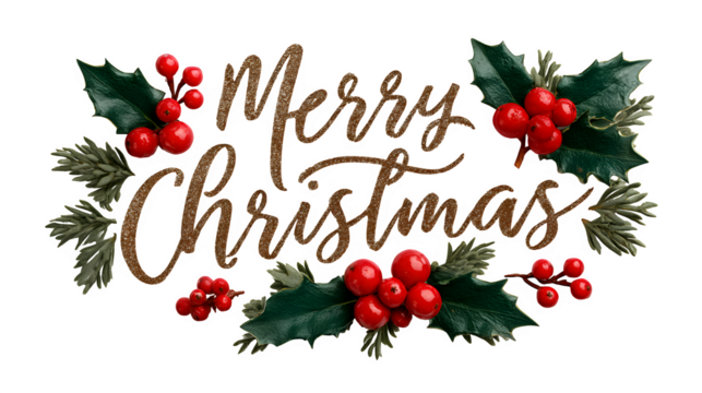 Classic Merry Christmas PNG with holly leaves, berries, and golden typography isolated on white background