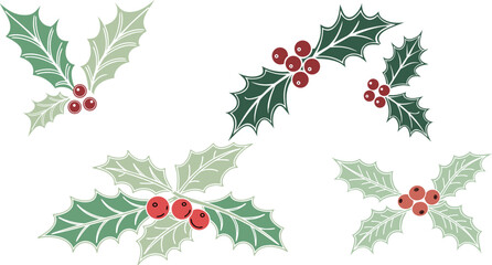Holly Sprigs Vector Set – Christmas Leaves and Red Berries (Flat Illustration)
