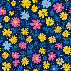 A vibrant floral pattern featuring colorful flowers and leaves on a dark blue background.