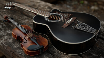 Obraz premium A black guitar put on the ground with violin , musical.