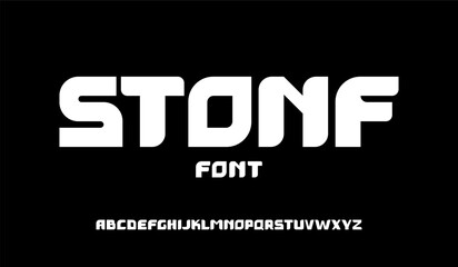 Bold bubble font with sharp and rounded corners. Heavy typeface with balloon effect. Y2K alphabet. Black and white typescript for headings. Rounded font. Plump alphabet. Strong techto font