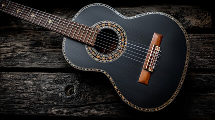 Fototapeta premium Beautiful of classic guitar black color put on the black wwoden ground.
