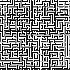 A complex black-and-white maze design featuring intricate pathways and dead ends, creating a visually engaging pattern.