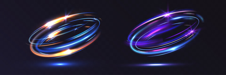 Glowing energy vortex light rings in blue, orange, and purple colors, dynamic swirling motion with sparkles and shine, futuristic abstract design on dark background.
