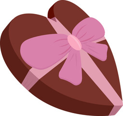Classic vector illustration of a heart-shaped brown chocolate box wrapped with a soft pink ribbon and a large bow, signifying a sweet romantic gift.